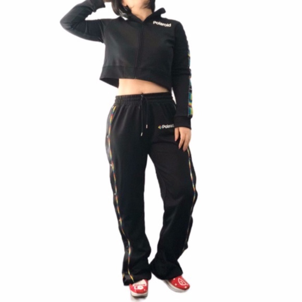Polaroid Snap Side Fleece Lined Track Pants with Rainbow Trim Retro Sporty M
